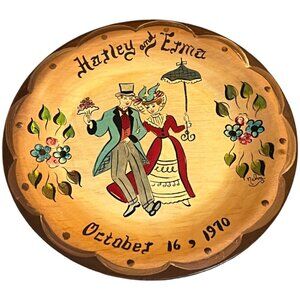Vtg 1970 Handpainted Wooden Folk Art Marriage Plate Attached Hanger 9" Diameter